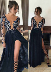 Chiffon Long/Floor-Length A-Line/Princess Full/Long Sleeve Bateau Zipper Up At Side Prom Dresses With Appliqued